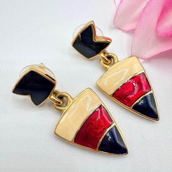 Vintage Trifari Nautical Flag Earrings Cream Red Blue Enamel Signed Preppy Chic - Picture 1 of 9